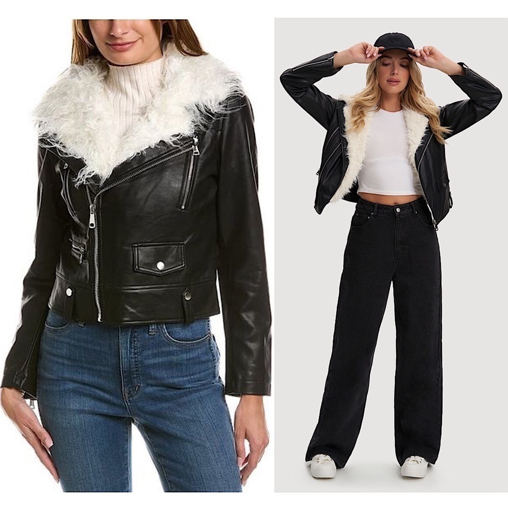 NWT NOIZE Vegan Leather Faux‎ Shearling Fur Collar Cropped Penny Lane Coat M